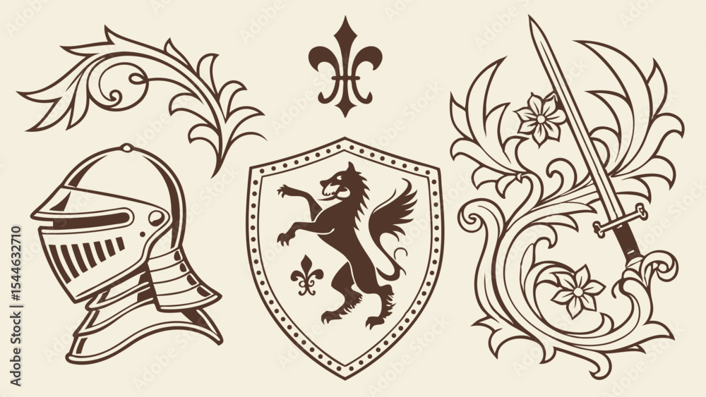 Vintage coat of arms design with sword floral pattern vector illustration