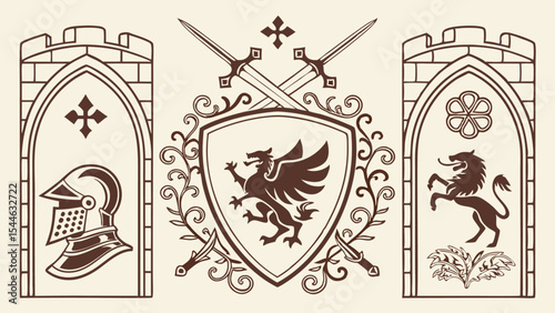 Vintage medieval castle coat of arms with skull and decorative frame