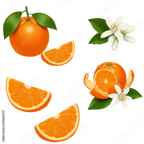 Orange Fruit Vector Set Including Whole Orange, Slice, Wedge, Peeled Orange, and Blossom with Leaf Foliage