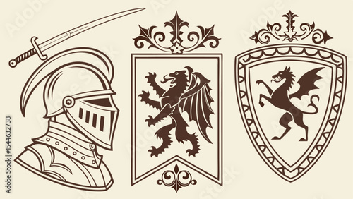 Medieval knight with sword coat of arms shield vintage vector illustration symbol design label icon stamp