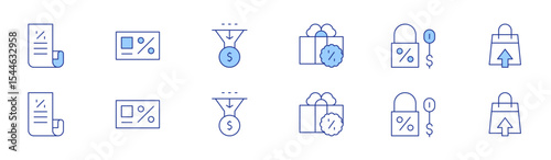 Sales icon set in two styles, Duotone and Thin Line style. Editable stroke. bill, present, card, shoppingbag, salespipeline, sales