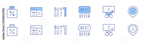 Sales icon set in two styles, Duotone and Thin Line style. Editable stroke. paperbag, bestoffer, sales, sale, buyonegetonefree, discount