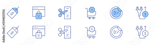 Sales icon set in two styles, Duotone and Thin Line style. Editable stroke. sale, shoppingcart, onlineshopping, percent, cut, salespipeline