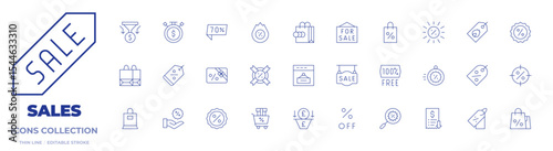 Sales icons collection. Thin Line icons, editable stroke. discount, giftcard, percent, sales, sale, saletime, salespipeline, shoppingbag, search, free, offer