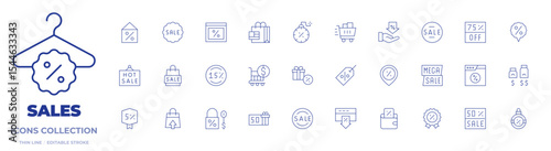 Sales icons collection. Thin Line icons, editable stroke. shoppingbag, discount, calendar, wallet, sales, sale, forsale, megasale, flashsale, hotsale