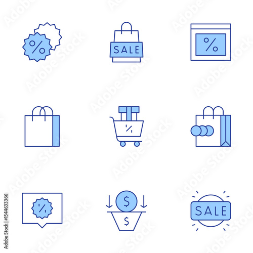 Sales icons set. Line Duotone style, editable stroke. discount, sale, calendar, salespipeline, offer, shoppingbag, sales