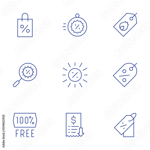 Sales icons set. Thin Line style, editable stroke. shoppingbag, search, free, flashsale, summersale, lowsales, hotsale, pricetag, discounttag