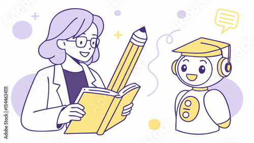 Happy cartoon children, a man, and a woman are reading a book with a smiling schoolgirl who has a gift box