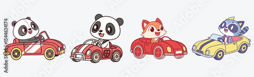Adorable vector illustration of cute animals driving colorful cars – perfect for kids' designs, education materials, games, vector.