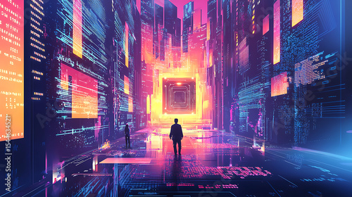 A man is walking down a city street with neon lights