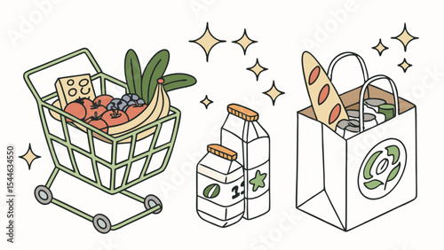 This vector set features diverse shopping icons including a cart, basket, gift box, money bag, and sale tags, ideal for e-commerce and retail business illustrations