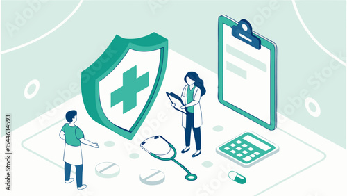 Vector illustration of a businessman with a stethoscope, toothbrush, and bottle of water, symbolizing concepts of health, hygiene, and success