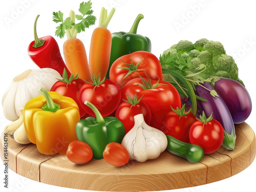 Colorful assortment of fresh vegetables displayed on a wooden cutting board.