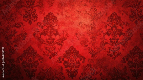 Ornate red patterned background with a vintage, textured, slightly distressed look