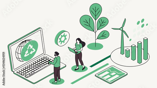 Eco-friendly business concept illustration: a businessman on a laptop with a green screen, symbolizing online communication and success in a sustainable network