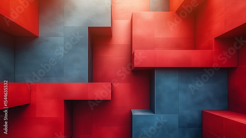 Dynamic interplay of red and blue. Abstract geometric design with stacked cubes in vibrant red and blue tones, ideal for modern digital and graphic design projects.
