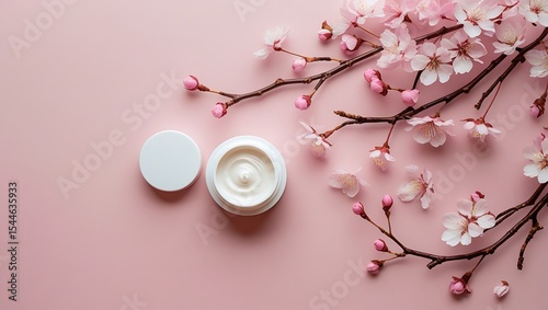 Pink blossom and white cream jar on pink background