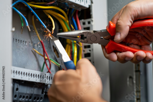 Electrician cutting live wire. Close-up of an electrician's hands using pliers to cut a wire, creating a dangerous spark in a fuse box, illustrating risk and electrical work.