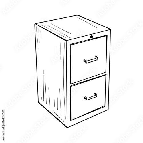 Two-drawer filing cabinet sketch. Detailed illustration of office filing cabinet with two drawers and metal handles.