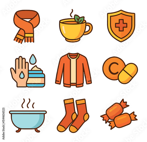 Autumn Wellness Icon Set. Flat icon set of autumn wellness tips: warm scarf, herbal tea cup, immune booster,