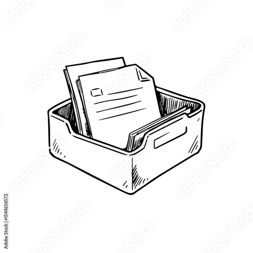 Hand-drawn illustration of inbox with papers. Documents in office tray. Sketch of paperwork organization system.  This simple drawing is perfect for office supplies catalog or home organization guide.