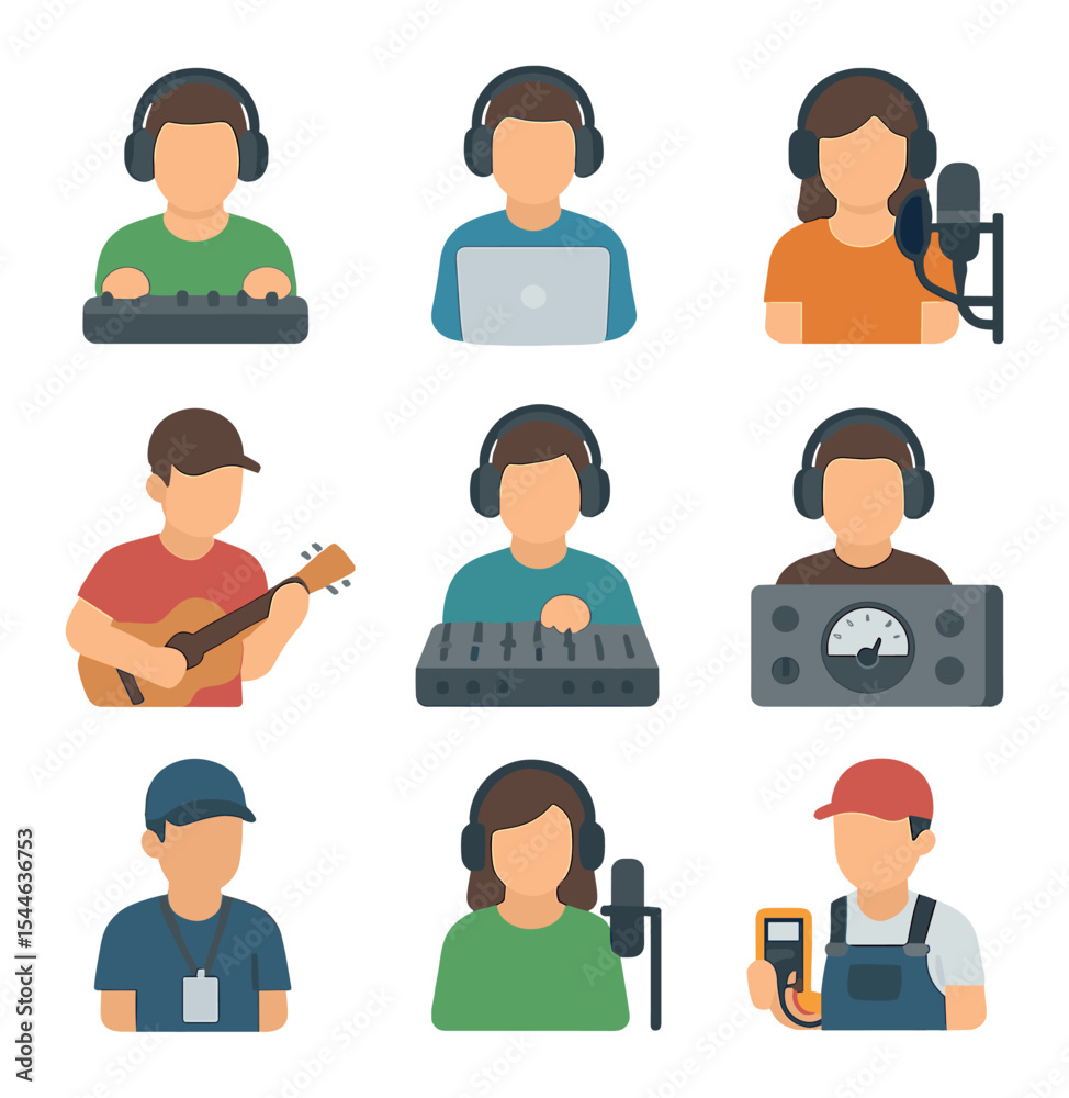 Fototapeta premium Studio Personnel Icons. Flat icon set of studio personnel roles: sound engineer, producer, vocalist, session