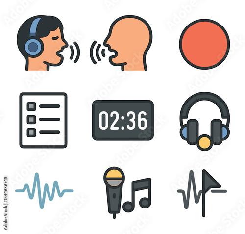 Vocal Recording Icons. Flat icon set of vocal recording process: singer with headphones, vocal warm-up,