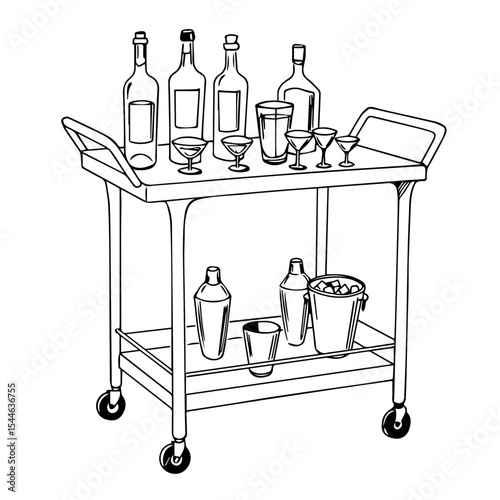 Stylish bar cart with bottles, glasses, and cocktail shaker. Bar cart is perfect for home bar setup, featuring various liquor bottles, elegant glassware, and ice bucket.