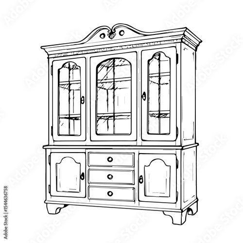 Classic wooden hutch with glass doors and drawers. This antique-style hutch features intricate carvings and a spacious design perfect for storing dishes or displaying collectibles.