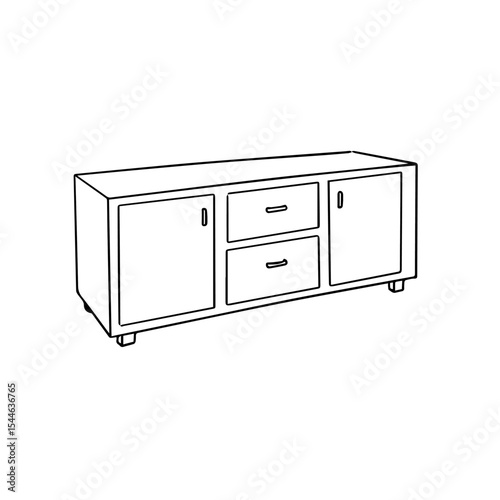 Modern media console with two cabinets and two drawers. Stylish media console design for living room entertainment. Simple media console perfect for home theater setup.