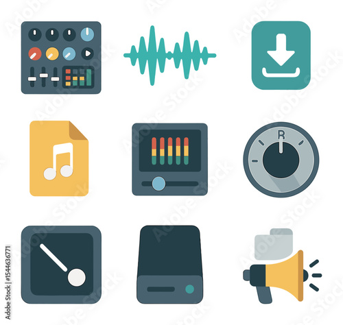 Audio & Dining Icons Grid. Flat icon set of final production steps: mastering console, final mix waveform,