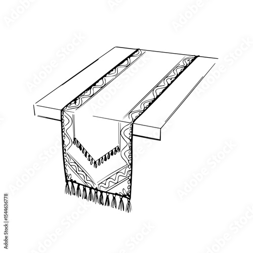 Table runner with ethnic pattern and fringe. This elegant table runner features a beautiful geometric design and decorative fringe.