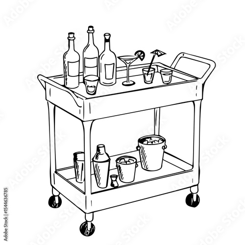Serving cart with bottles, glasses, and ice bucket.  This bar cart features various drinkware and containers for liquor and ice. Stylish serving cart illustration perfect for home bar design,