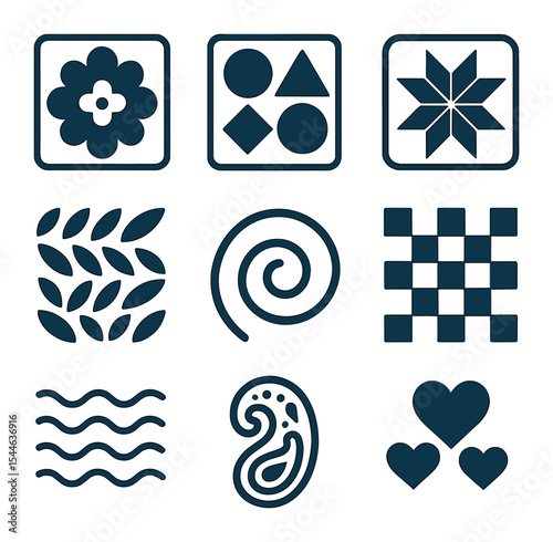 Quilting Icon Set. Flat icon set of quilting designs: floral motif, geometric shapes, starburst, leaf pattern,