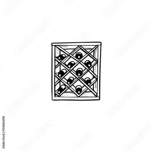 Wine rack design with crisscross wooden frame and bottle slots. Simple wine rack sketch shows capacity for twelve bottles.