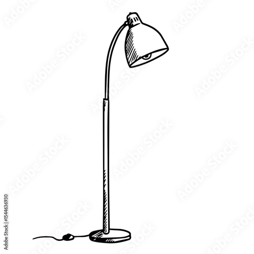 Modern floor lamp sketch. Stylish home lighting design with curved arm and dome shade. Simple line drawing of elegant floor lamp perfect for interior design projects and furniture catalogs.