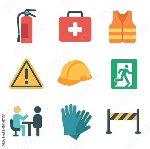 Safety and Ritual Icons. Flat icon set of on-set safety: fire extinguisher, first aid kit, safety vest,