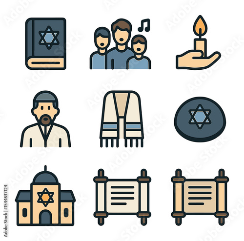 Hanukkah Icon Collection. Flat icon set of Hanukkah prayers and songs: prayer book, singing group, candle