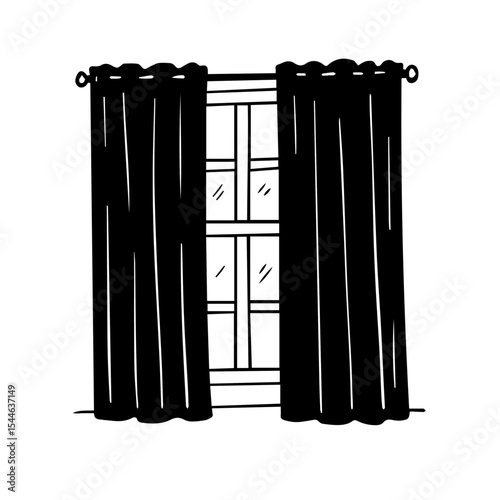 Black curtains hanging on window.  Thick blackout curtains for bedroom or living room.  Elegant window treatment for modern home interior design.