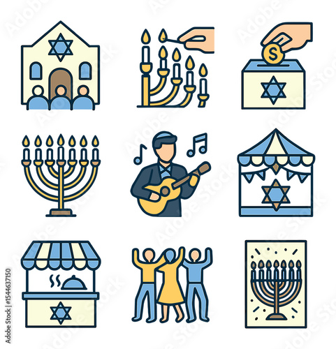 Hanukkah Event Icons. Flat icon set of Hanukkah community events: synagogue gathering, candle lighting