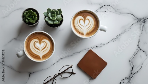 Two latte cups with heart art on marble tabletop