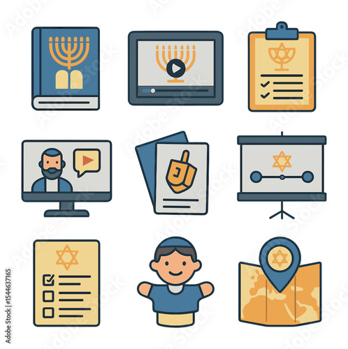 Hanukkah Educational Icon Set. Flat icon set of Hanukkah educational tools: history book, interactive tablet,
