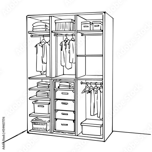 Wardrobe sketch showing clothes storage solutions. Detailed wardrobe design with shelves, drawers, and hanging space for shirts, pants, and sweaters.
