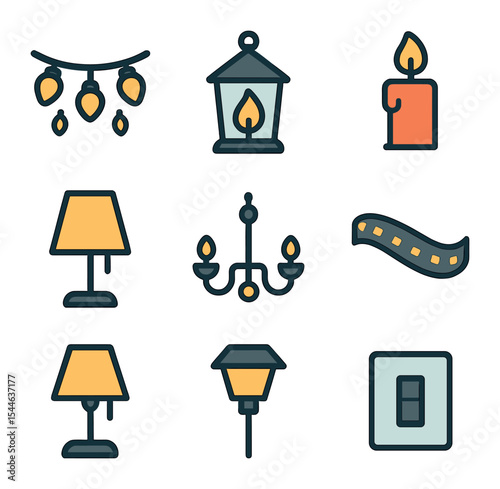 Decorative Lighting Icons. Flat icon set of decorative lighting: fairy lights, lantern, candle, lampshade,