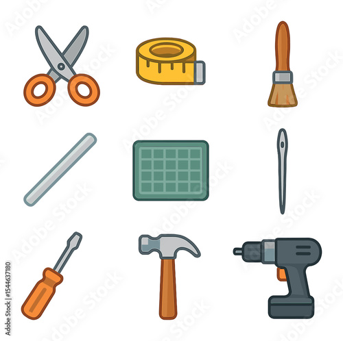 Craft Tools Icons. Flat icon set of crafting tools: scissors, measuring tape, paintbrush, hot glue stick,