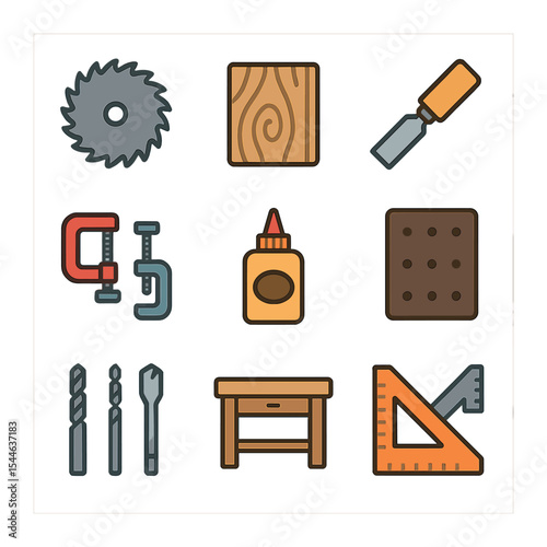 Home and Wood Icons. Flat icon set of home decoration elements: throw pillow, area rug, curtain rod, wall art,