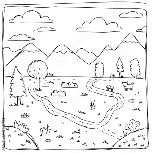 Simple hand drawn landscape illustration with winding path, trees, mountains, and clouds.  This idyllic scene features a peaceful valley with a meandering river,