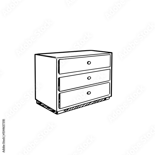 Three-drawer chest of drawers sketch. Simple line drawing of wooden dresser with three drawers and small knobs. Classic furniture design illustration perfect for interior design catalogs,
