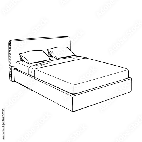 Simple double bed sketch with headboard and storage. Modern bedroom furniture design drawing includes mattress, pillows, and bedding.