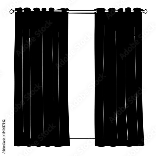 Elegant black curtains with grommets hanging on rod.  Stylish black curtains provide privacy and light control.  These blackout curtains add modern elegance to any room decor.